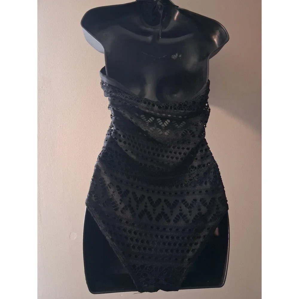 Black Crochet Lace Halter‎ One Piece Swimsuit with Side Button Accents Womens
